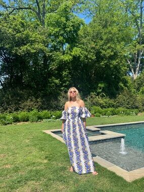 Beyond by Vera Off-Shoulder Floral Maxi Dress in White and Blue